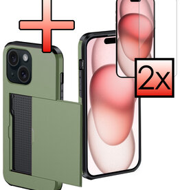 NoXx NoXx iPhone 15 Hoesje Pashouder Hard Met 2x Screenprotector - Donker Groen