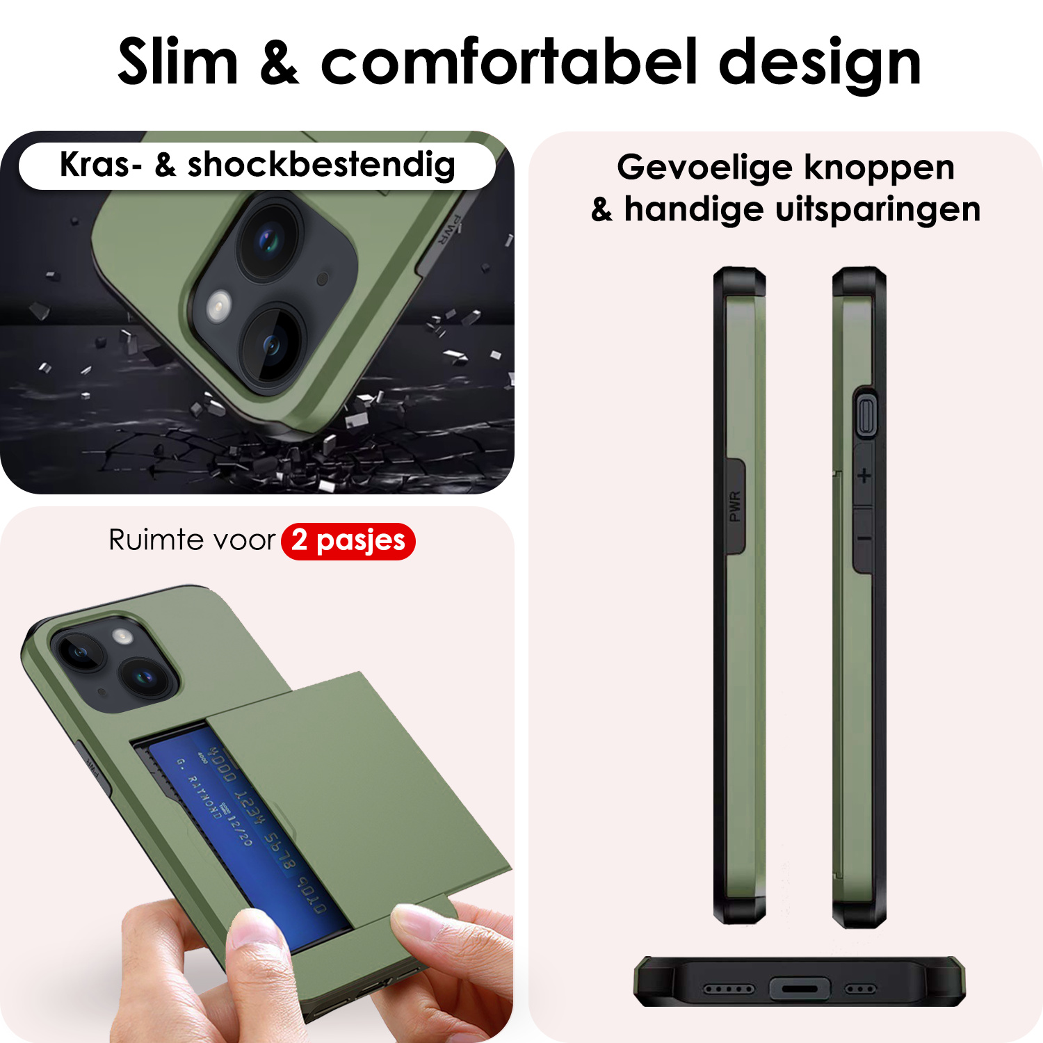 NoXx Hoes Geschikt voor iPhone 15 Hoesje Pasjeshouder Hard Cover Met 2x Screenprotector Shock Proof Hard Case Hoes Met Kaarthouder - Donker Groen