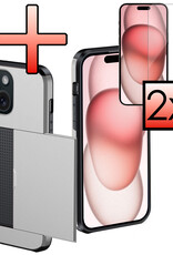 NoXx Hoes Geschikt voor iPhone 15 Hoesje Pasjeshouder Hard Cover Met 2x Screenprotector Shock Proof Hard Case Hoes Met Kaarthouder - Grijs