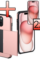 NoXx Hoes Geschikt voor iPhone 15 Hoesje Pasjeshouder Hard Cover Met 2x Screenprotector Shock Proof Hard Case Hoes Met Kaarthouder - Rosé Goud