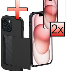 NoXx NoXx iPhone 15 Hoesje Pashouder Hard Met 2x Screenprotector - Zwart