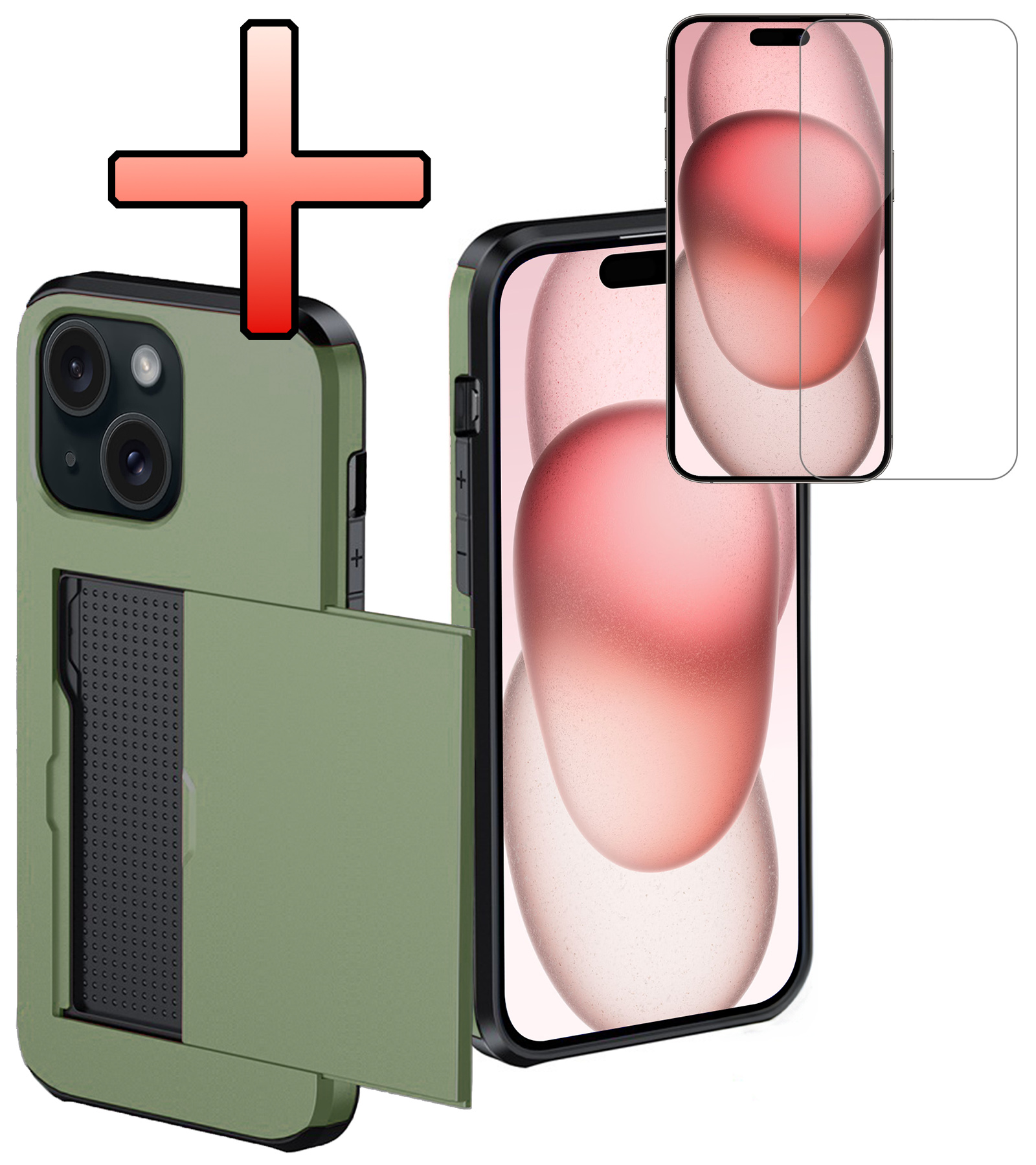 NoXx Hoes Geschikt voor iPhone 15 Plus Hoesje Pasjeshouder Hard Cover Met Screenprotector Shock Proof Hard Case Hoes Met Kaarthouder - Donker Groen