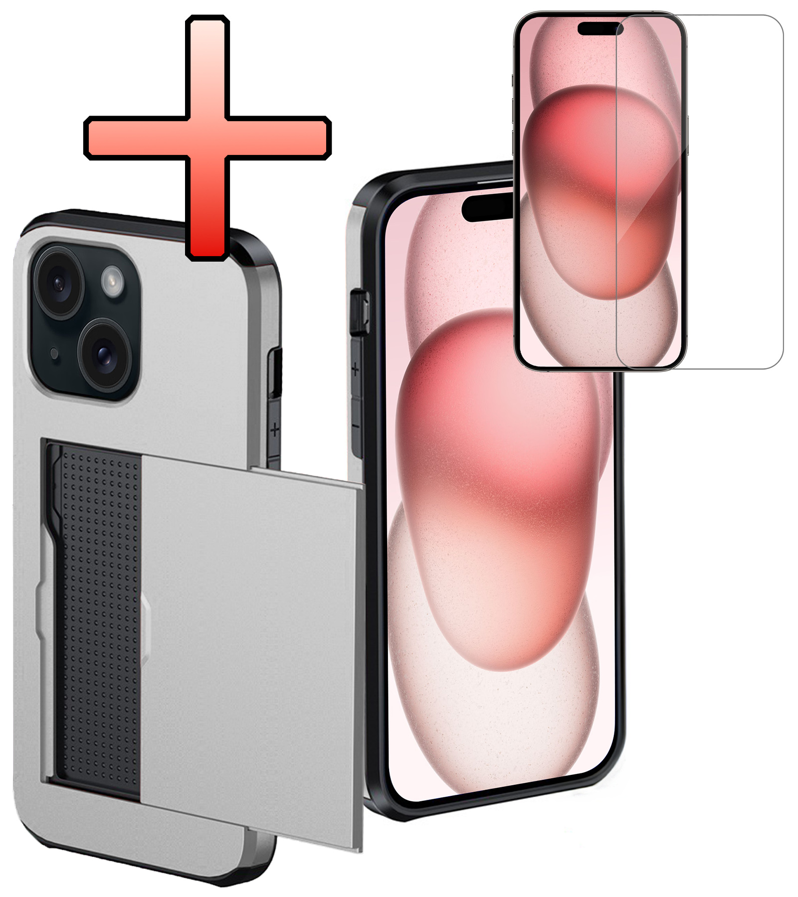 NoXx Hoes Geschikt voor iPhone 15 Plus Hoesje Pasjeshouder Hard Cover Met Screenprotector Shock Proof Hard Case Hoes Met Kaarthouder - Grijs