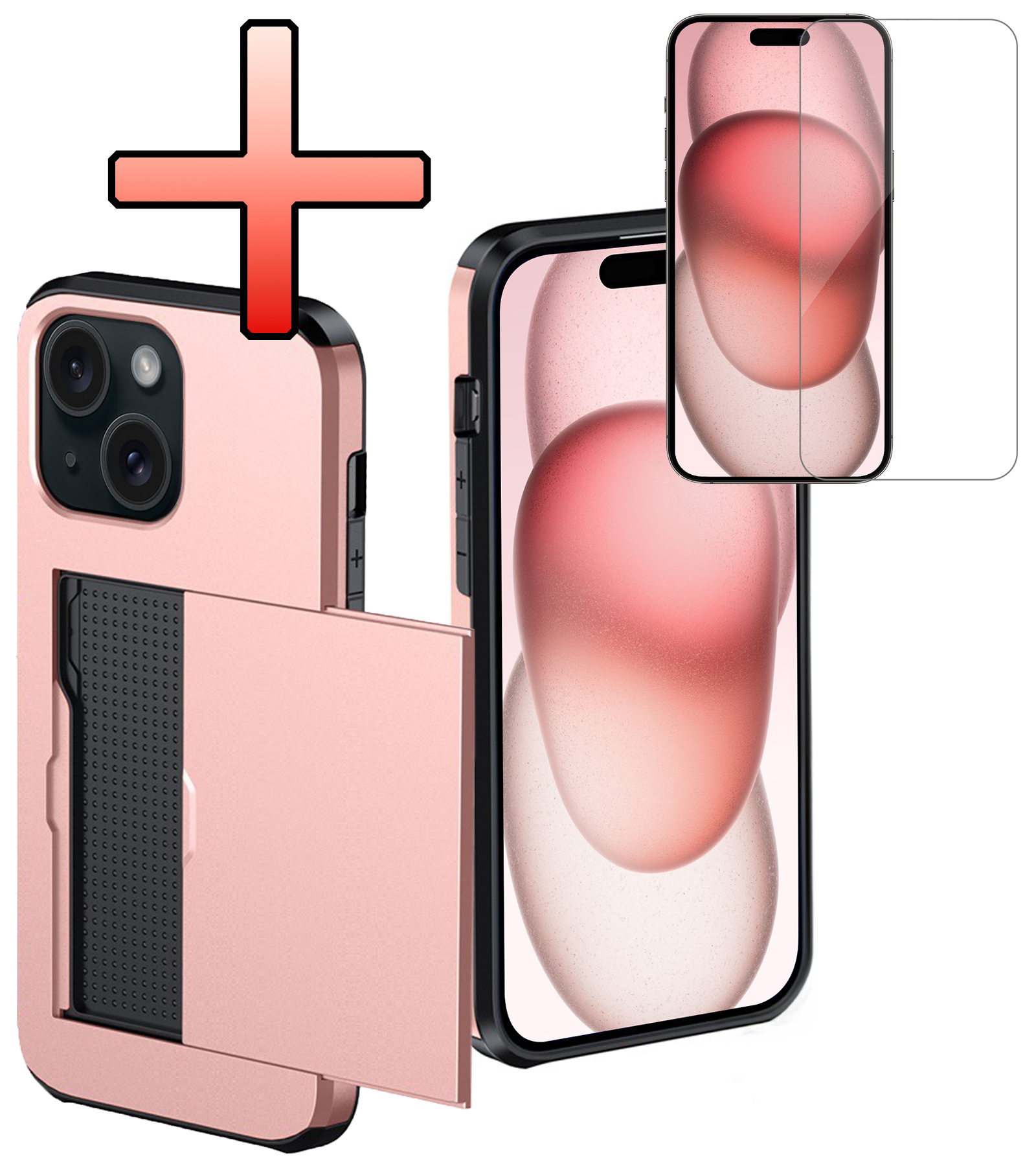 NoXx Hoes Geschikt voor iPhone 15 Plus Hoesje Pasjeshouder Hard Cover Met Screenprotector Shock Proof Hard Case Hoes Met Kaarthouder - Rosé Goud
