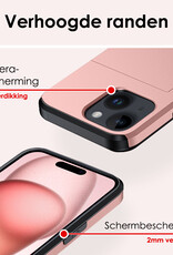 NoXx Hoes Geschikt voor iPhone 15 Plus Hoesje Pasjeshouder Hard Cover Met Screenprotector Shock Proof Hard Case Hoes Met Kaarthouder - Rosé Goud