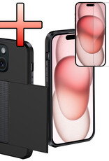 NoXx Hoes Geschikt voor iPhone 15 Plus Hoesje Pasjeshouder Hard Cover Met Screenprotector Shock Proof Hard Case Hoes Met Kaarthouder - Zwart