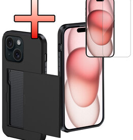 NoXx NoXx iPhone 15 Plus Hoesje Pashouder Hard Met Screenprotector - Zwart