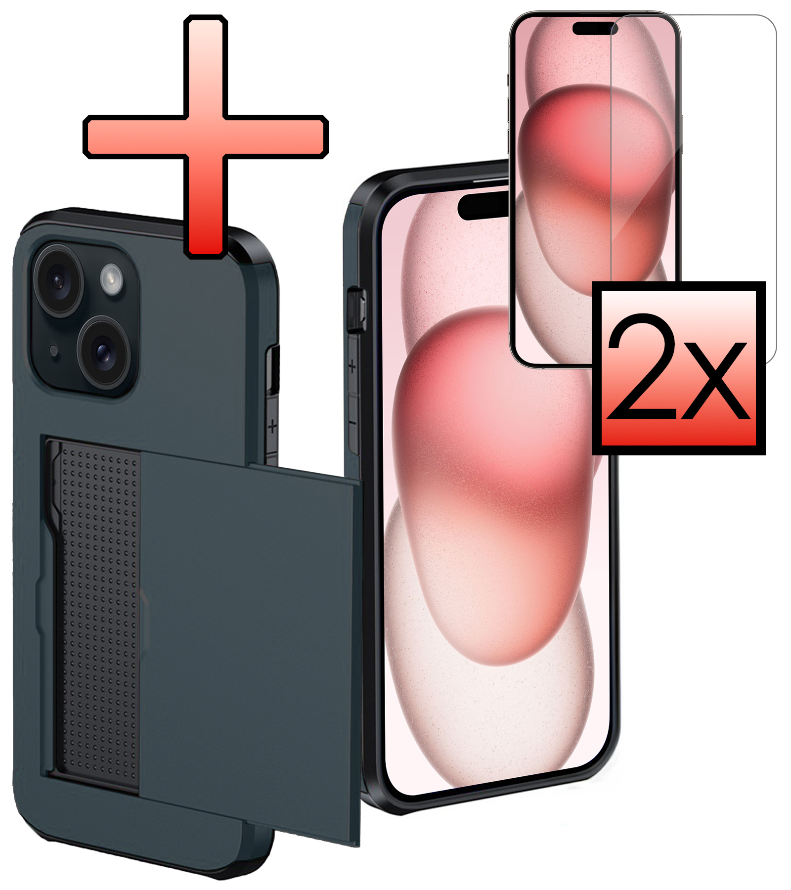 NoXx Hoes Geschikt voor iPhone 15 Plus Hoesje Pasjeshouder Hard Cover Met 2x Screenprotector Shock Proof Hard Case Hoes Met Kaarthouder - Donker Blauw