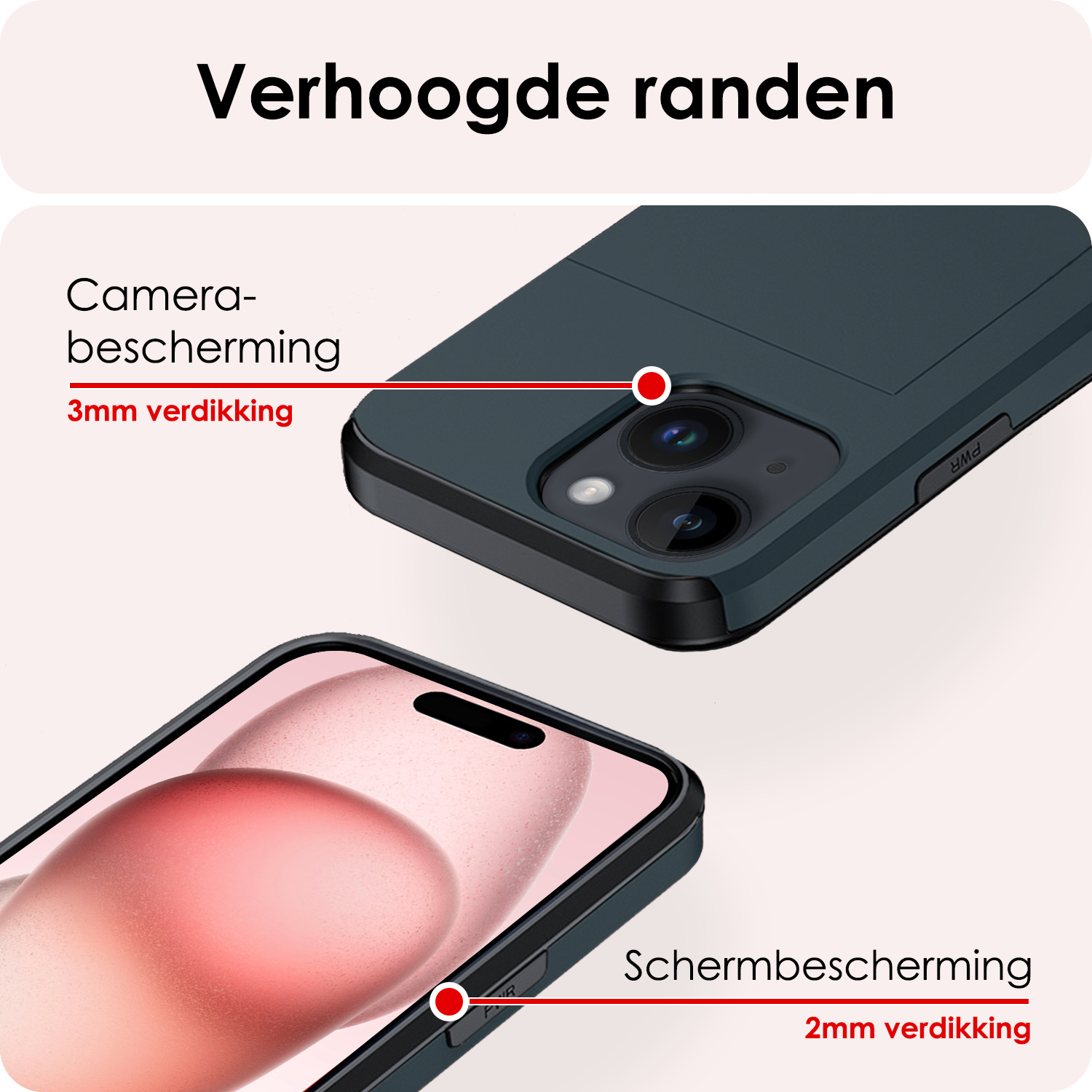 NoXx Hoes Geschikt voor iPhone 15 Plus Hoesje Pasjeshouder Hard Cover Met 2x Screenprotector Shock Proof Hard Case Hoes Met Kaarthouder - Donker Blauw