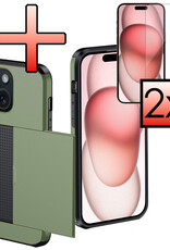 NoXx Hoes Geschikt voor iPhone 15 Plus Hoesje Pasjeshouder Hard Cover Met 2x Screenprotector Shock Proof Hard Case Hoes Met Kaarthouder - Donker Groen