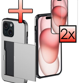 NoXx NoXx iPhone 15 Plus Hoesje Pashouder Hard Met 2x Screenprotector - Grijs