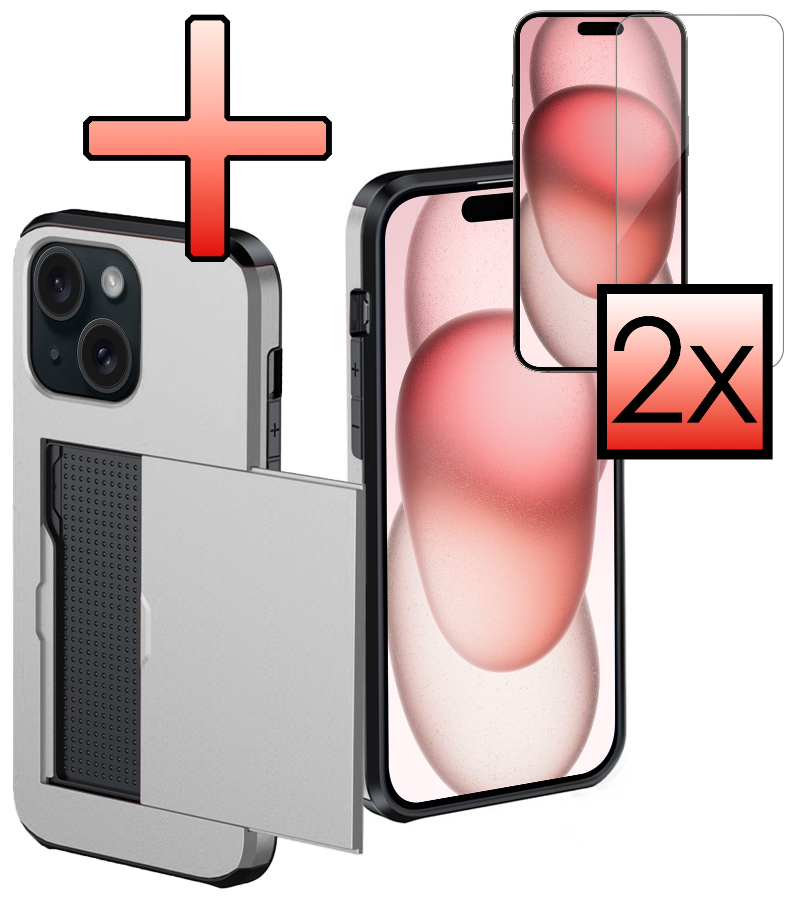 NoXx Hoes Geschikt voor iPhone 15 Plus Hoesje Pasjeshouder Hard Cover Met 2x Screenprotector Shock Proof Hard Case Hoes Met Kaarthouder - Grijs