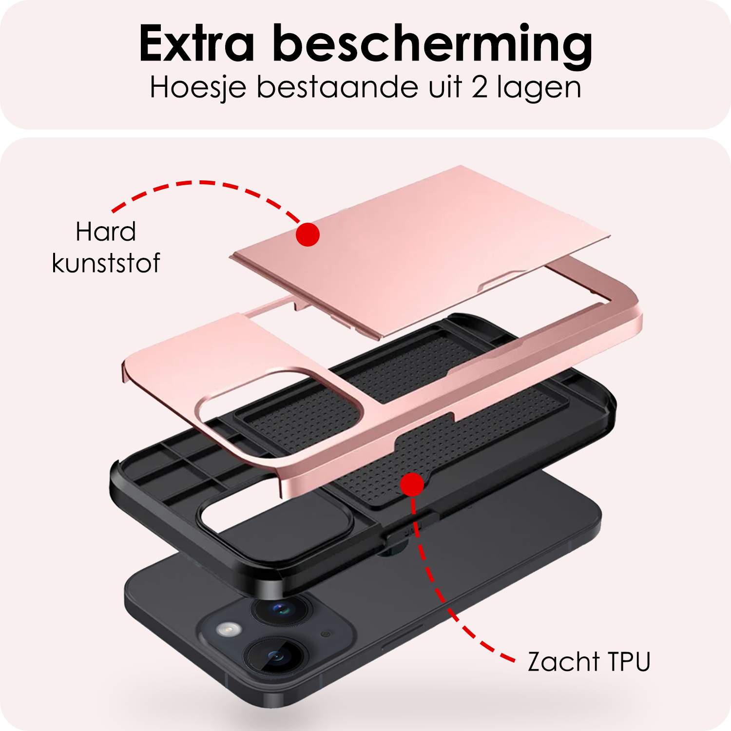 NoXx Hoes Geschikt voor iPhone 15 Plus Hoesje Pasjeshouder Hard Cover Met 2x Screenprotector Shock Proof Hard Case Hoes Met Kaarthouder - Rosé Goud