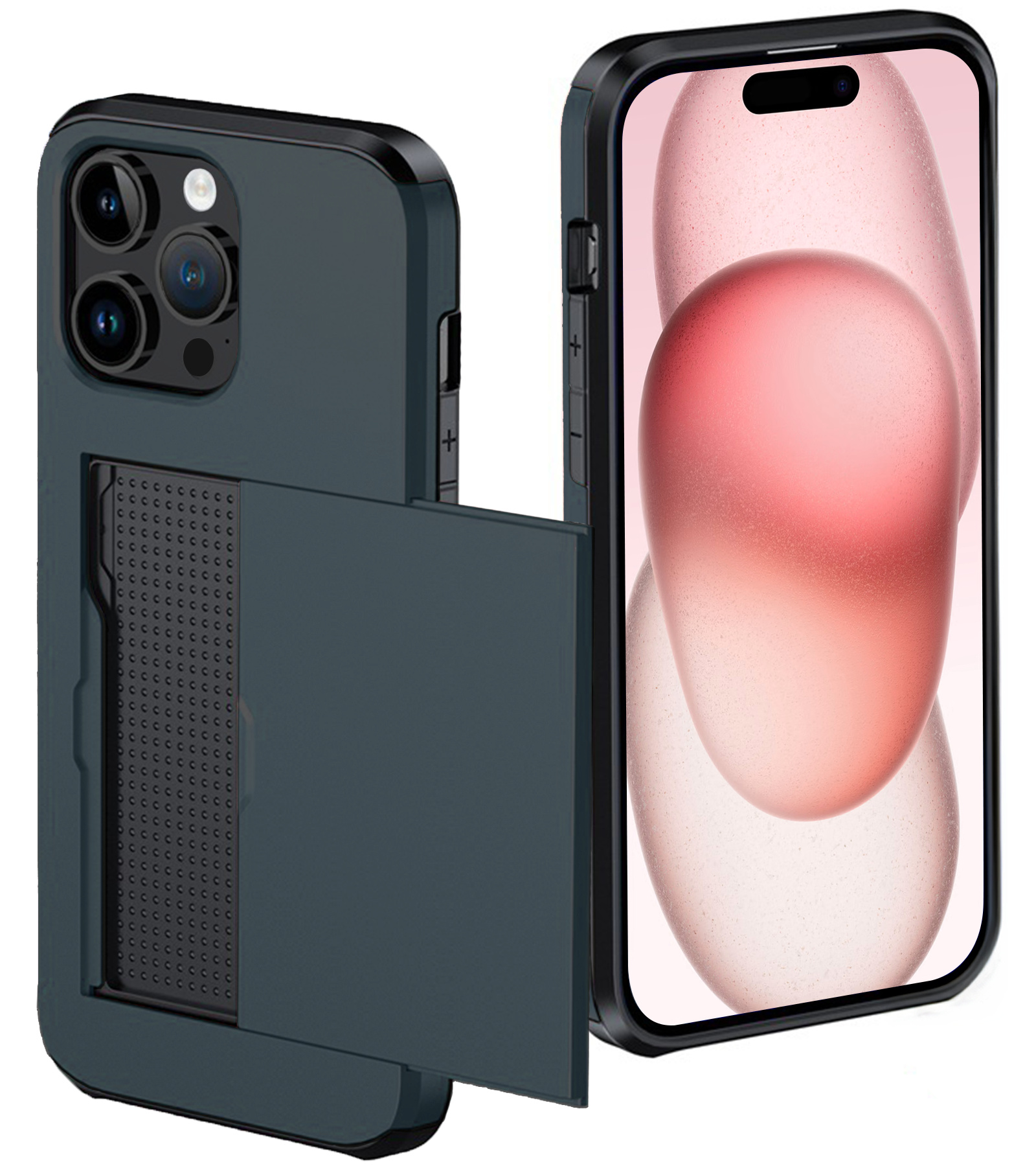 NoXx Hoes Geschikt voor iPhone 15 Pro Hoesje Pasjeshouder Hard Cover Shock Proof Hard Case Hoes Met Kaarthouder - Donker Blauw