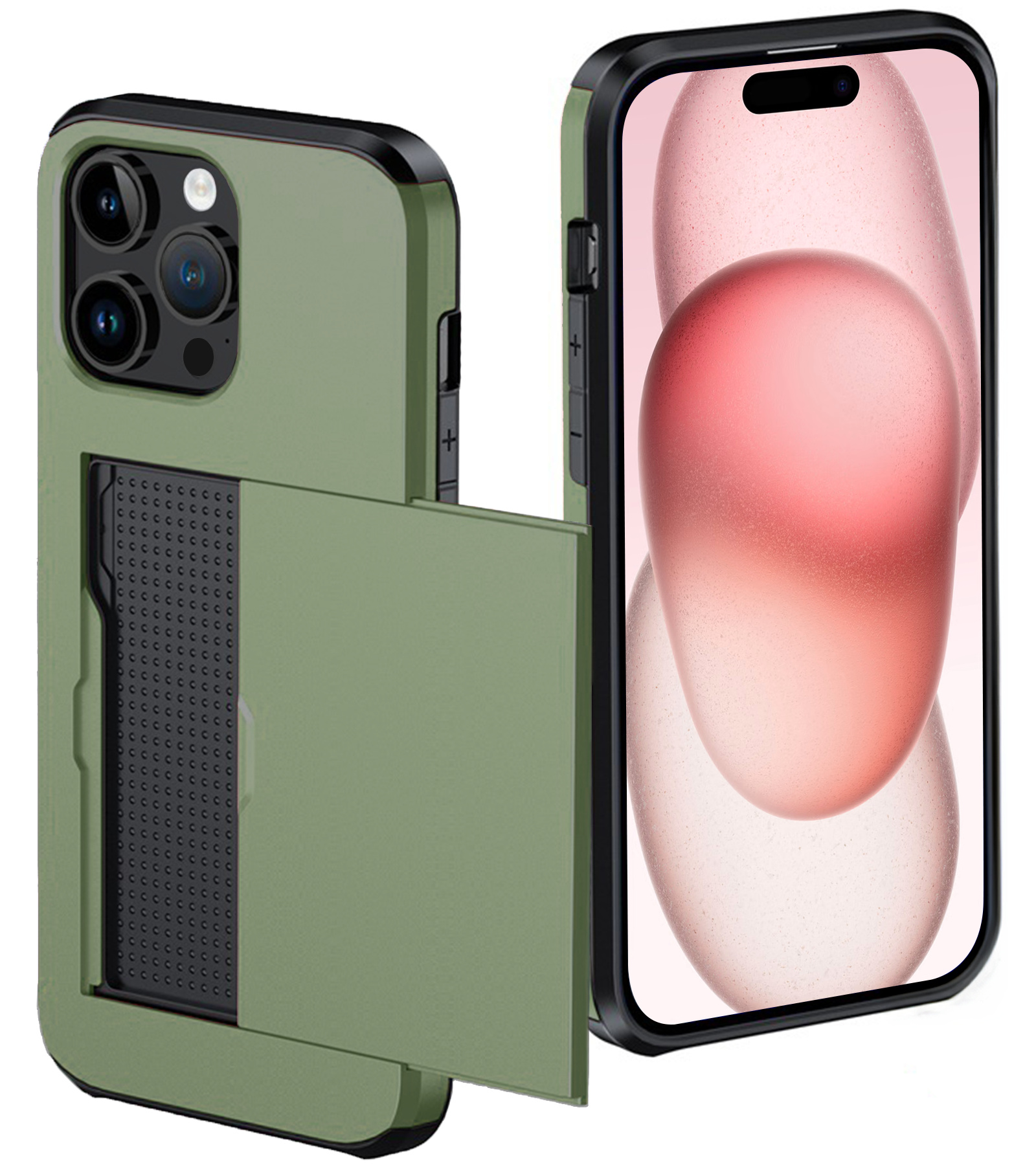 NoXx Hoes Geschikt voor iPhone 15 Pro Hoesje Pasjeshouder Hard Cover Shock Proof Hard Case Hoes Met Kaarthouder - Donker Groen
