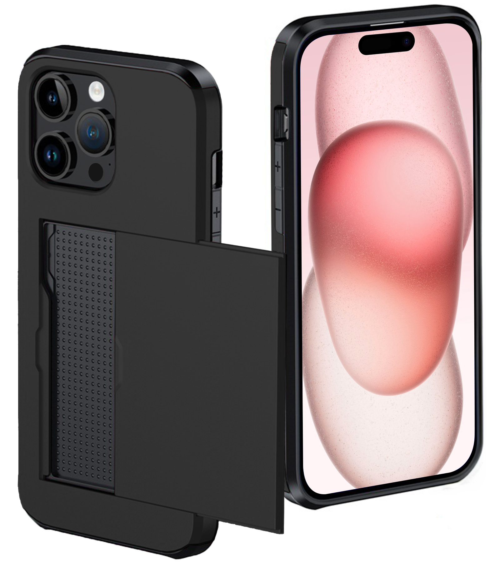 NoXx Hoes Geschikt voor iPhone 15 Pro Hoesje Pasjeshouder Hard Cover Shock Proof Hard Case Hoes Met Kaarthouder - Zwart