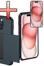 NoXx Hoes Geschikt voor iPhone 15 Pro Hoesje Pasjeshouder Hard Cover Met Screenprotector Shock Proof Hard Case Hoes Met Kaarthouder - Donker Blauw