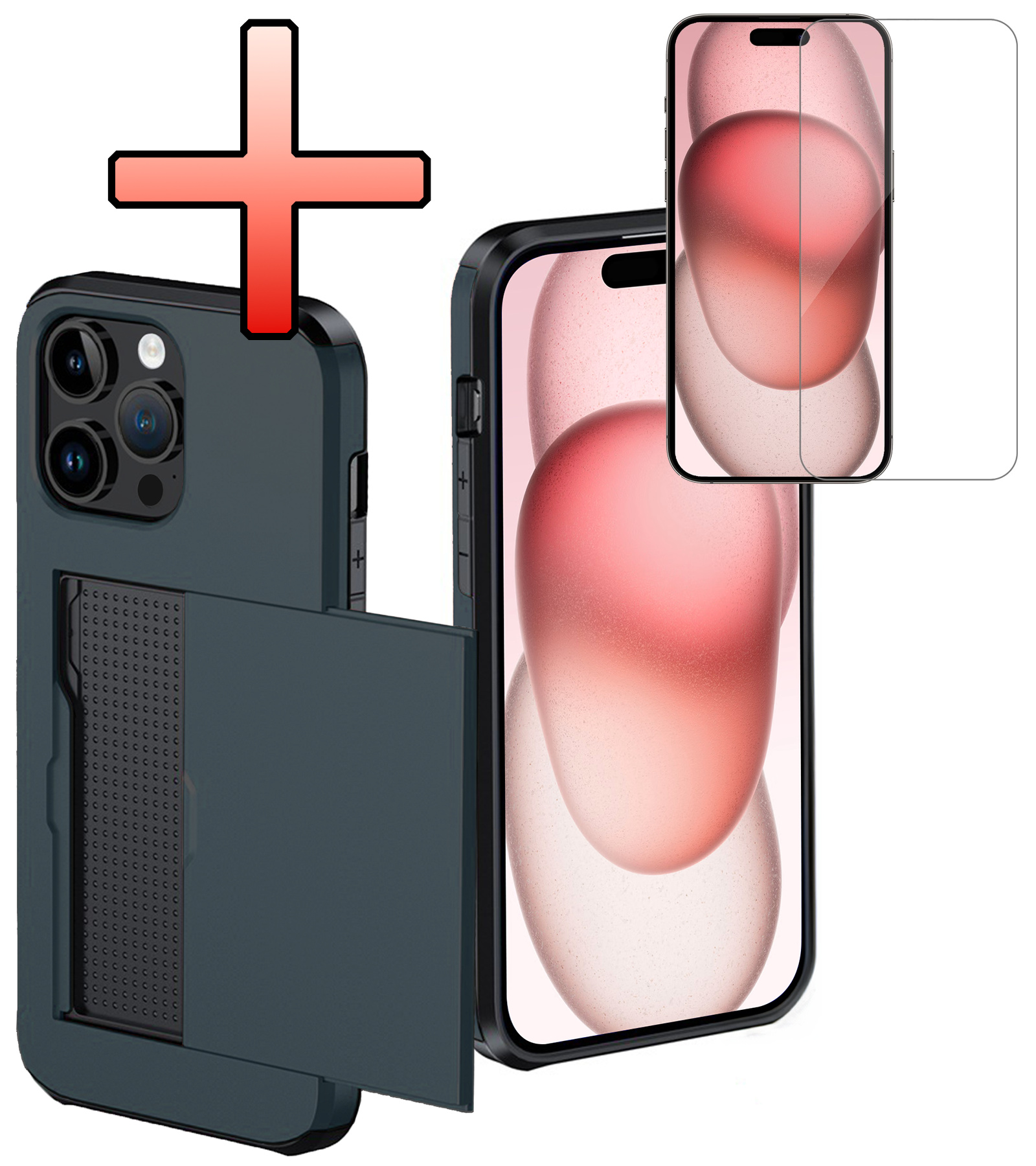 NoXx Hoes Geschikt voor iPhone 15 Pro Hoesje Pasjeshouder Hard Cover Met Screenprotector Shock Proof Hard Case Hoes Met Kaarthouder - Donker Blauw
