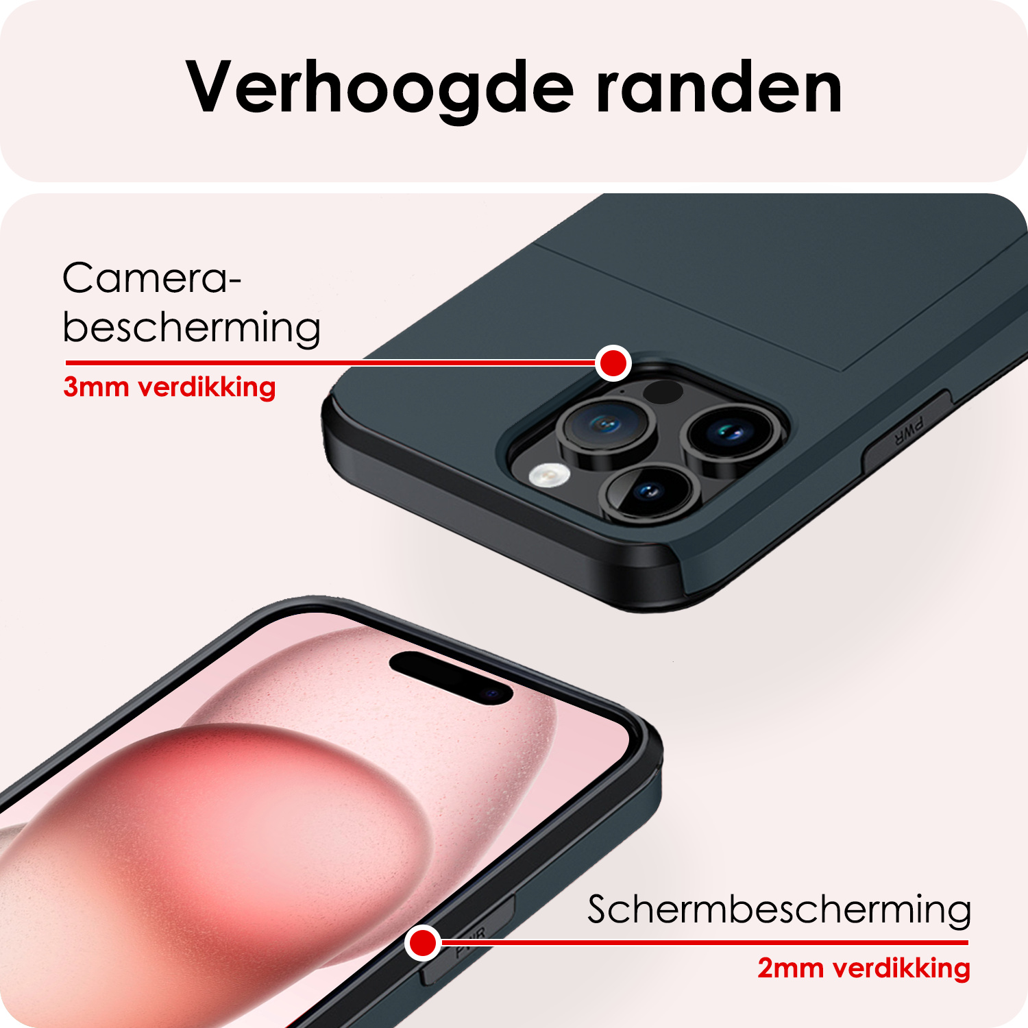 NoXx Hoes Geschikt voor iPhone 15 Pro Hoesje Pasjeshouder Hard Cover Met Screenprotector Shock Proof Hard Case Hoes Met Kaarthouder - Donker Blauw