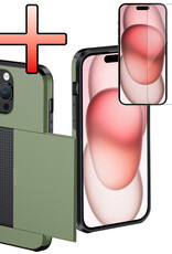 NoXx Hoes Geschikt voor iPhone 15 Pro Hoesje Pasjeshouder Hard Cover Met Screenprotector Shock Proof Hard Case Hoes Met Kaarthouder - Donker Groen