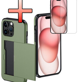 NoXx NoXx iPhone 15 Pro Hoesje Pashouder Hard Met Screenprotector - Donker Groen