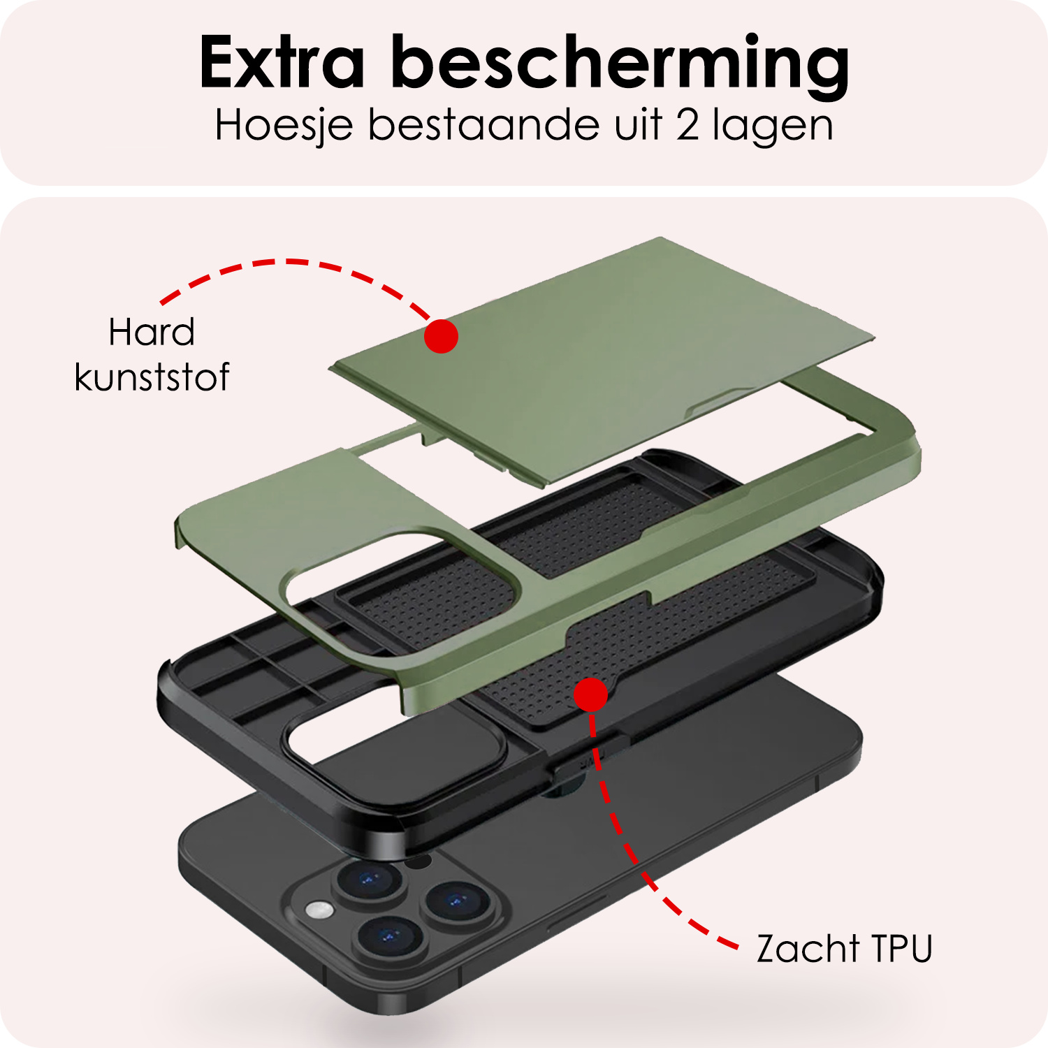 NoXx Hoes Geschikt voor iPhone 15 Pro Hoesje Pasjeshouder Hard Cover Met Screenprotector Shock Proof Hard Case Hoes Met Kaarthouder - Donker Groen