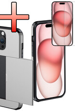 NoXx Hoes Geschikt voor iPhone 15 Pro Hoesje Pasjeshouder Hard Cover Met Screenprotector Shock Proof Hard Case Hoes Met Kaarthouder - Grijs