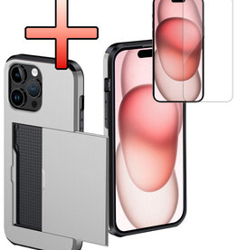 NoXx NoXx iPhone 15 Pro Hoesje Pashouder Hard Met Screenprotector - Grijs
