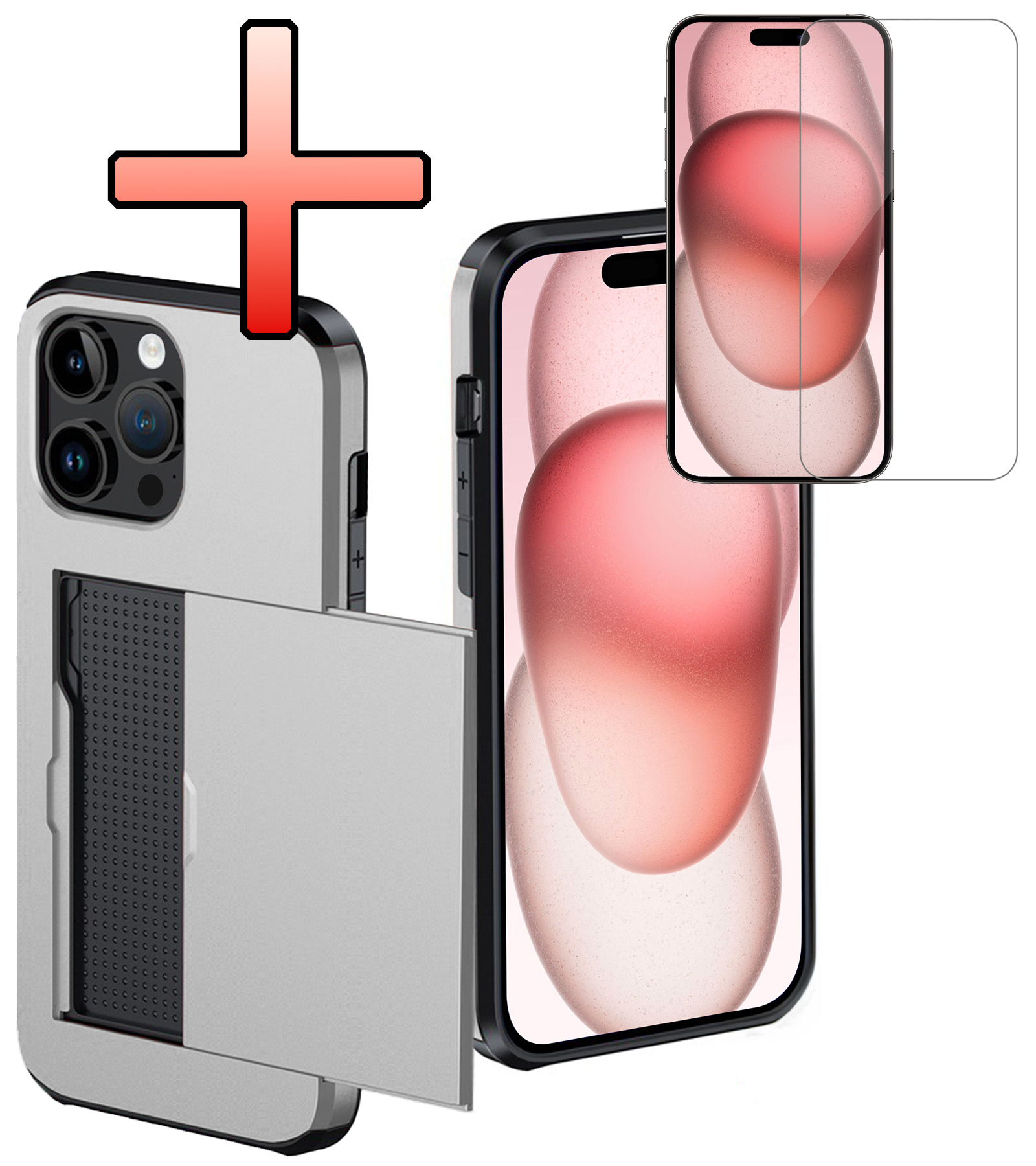 NoXx Hoes Geschikt voor iPhone 15 Pro Hoesje Pasjeshouder Hard Cover Met Screenprotector Shock Proof Hard Case Hoes Met Kaarthouder - Grijs