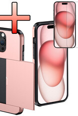 NoXx Hoes Geschikt voor iPhone 15 Pro Hoesje Pasjeshouder Hard Cover Met Screenprotector Shock Proof Hard Case Hoes Met Kaarthouder - Rosé Goud