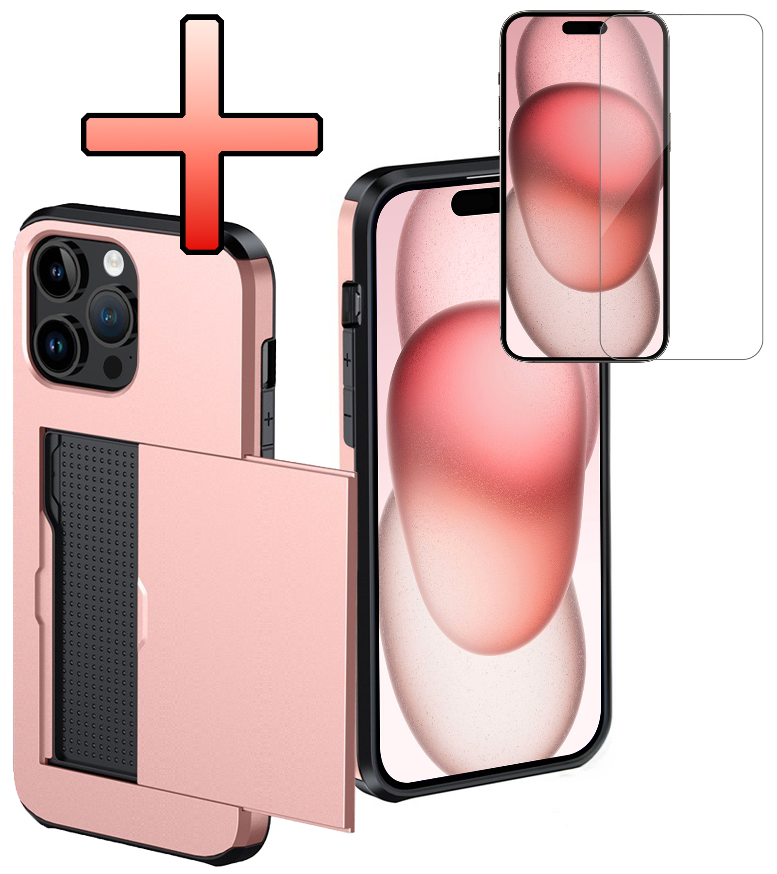 NoXx Hoes Geschikt voor iPhone 15 Pro Hoesje Pasjeshouder Hard Cover Met Screenprotector Shock Proof Hard Case Hoes Met Kaarthouder - Rosé Goud