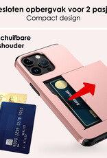 NoXx Hoes Geschikt voor iPhone 15 Pro Hoesje Pasjeshouder Hard Cover Met Screenprotector Shock Proof Hard Case Hoes Met Kaarthouder - Rosé Goud