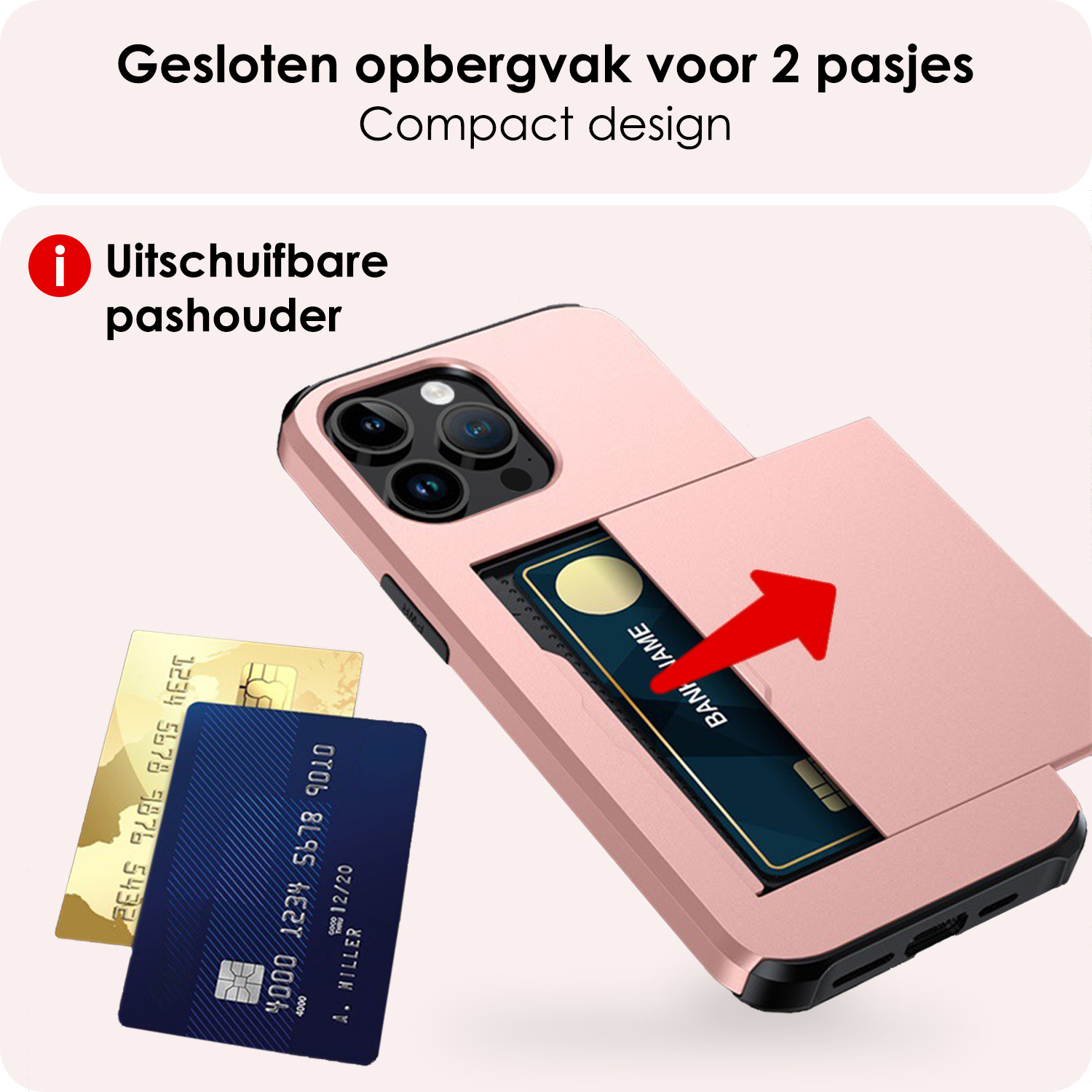 NoXx Hoes Geschikt voor iPhone 15 Pro Hoesje Pasjeshouder Hard Cover Met Screenprotector Shock Proof Hard Case Hoes Met Kaarthouder - Rosé Goud