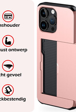 NoXx Hoes Geschikt voor iPhone 15 Pro Hoesje Pasjeshouder Hard Cover Met Screenprotector Shock Proof Hard Case Hoes Met Kaarthouder - Rosé Goud