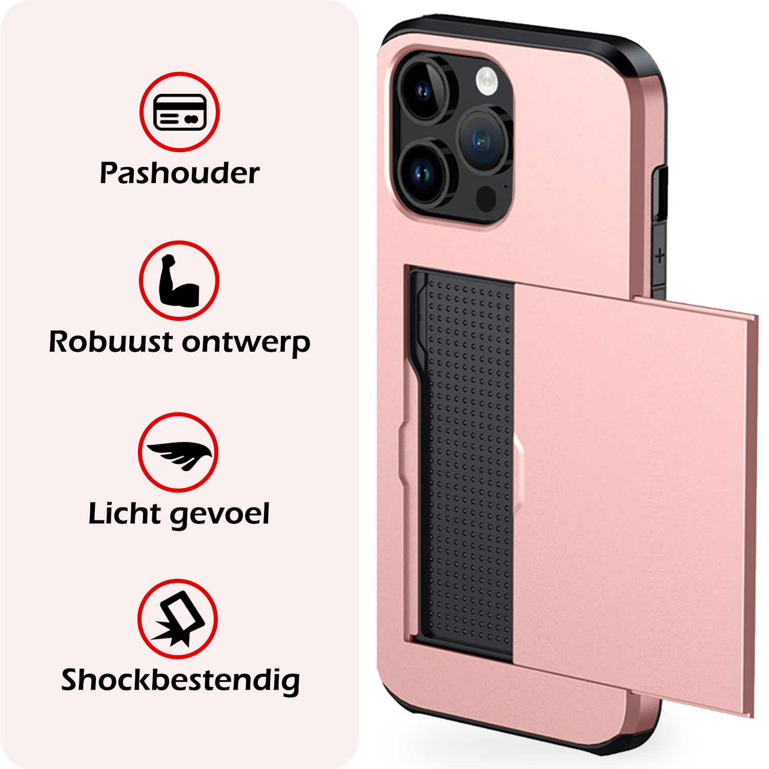 NoXx Hoes Geschikt voor iPhone 15 Pro Hoesje Pasjeshouder Hard Cover Met Screenprotector Shock Proof Hard Case Hoes Met Kaarthouder - Rosé Goud
