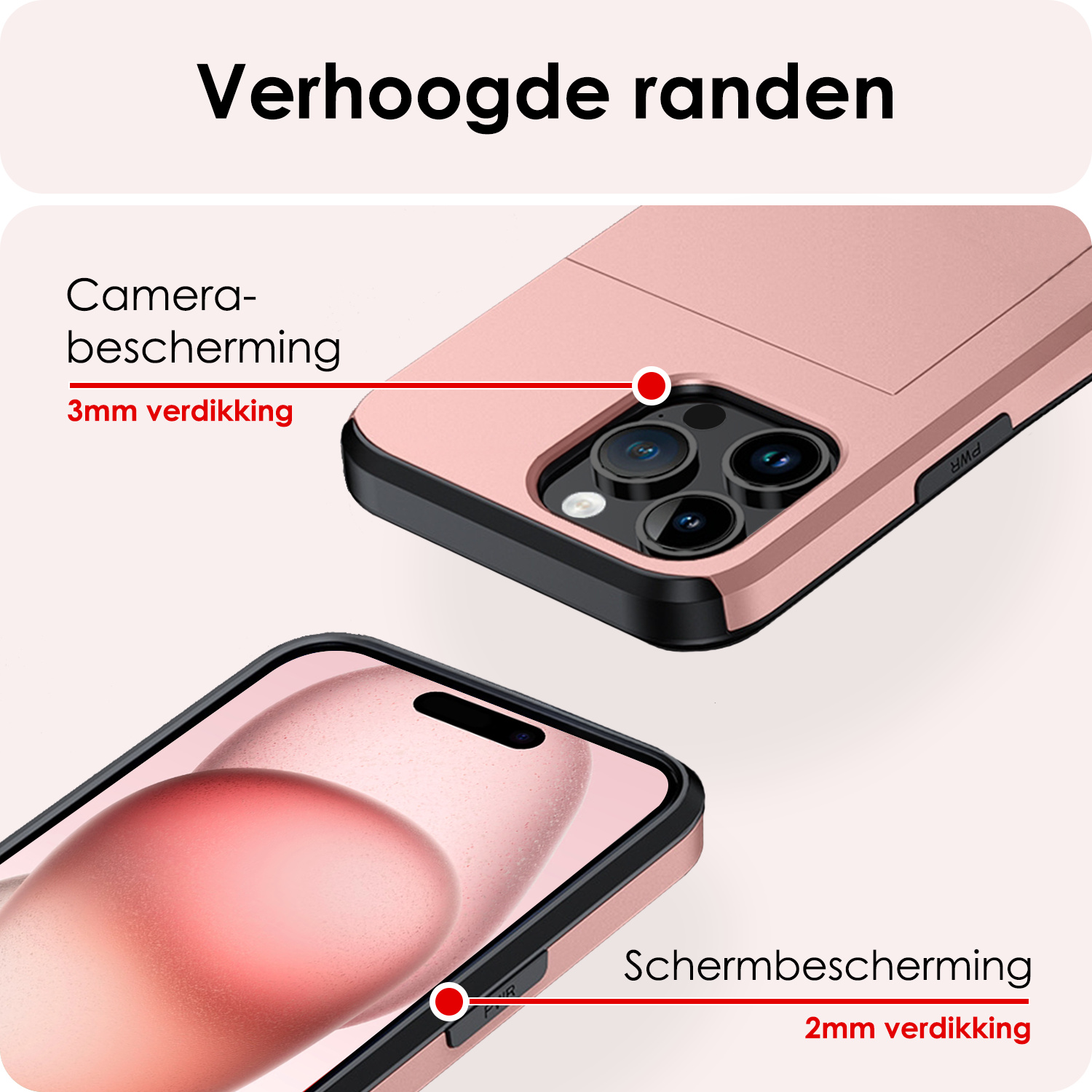 NoXx Hoes Geschikt voor iPhone 15 Pro Hoesje Pasjeshouder Hard Cover Met Screenprotector Shock Proof Hard Case Hoes Met Kaarthouder - Rosé Goud