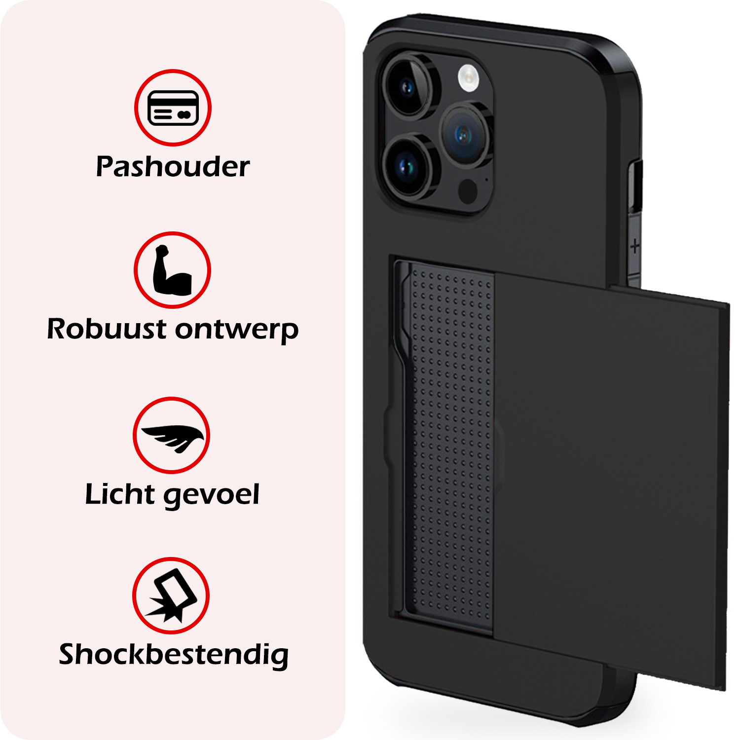 NoXx Hoes Geschikt voor iPhone 15 Pro Hoesje Pasjeshouder Hard Cover Met Screenprotector Shock Proof Hard Case Hoes Met Kaarthouder - Zwart