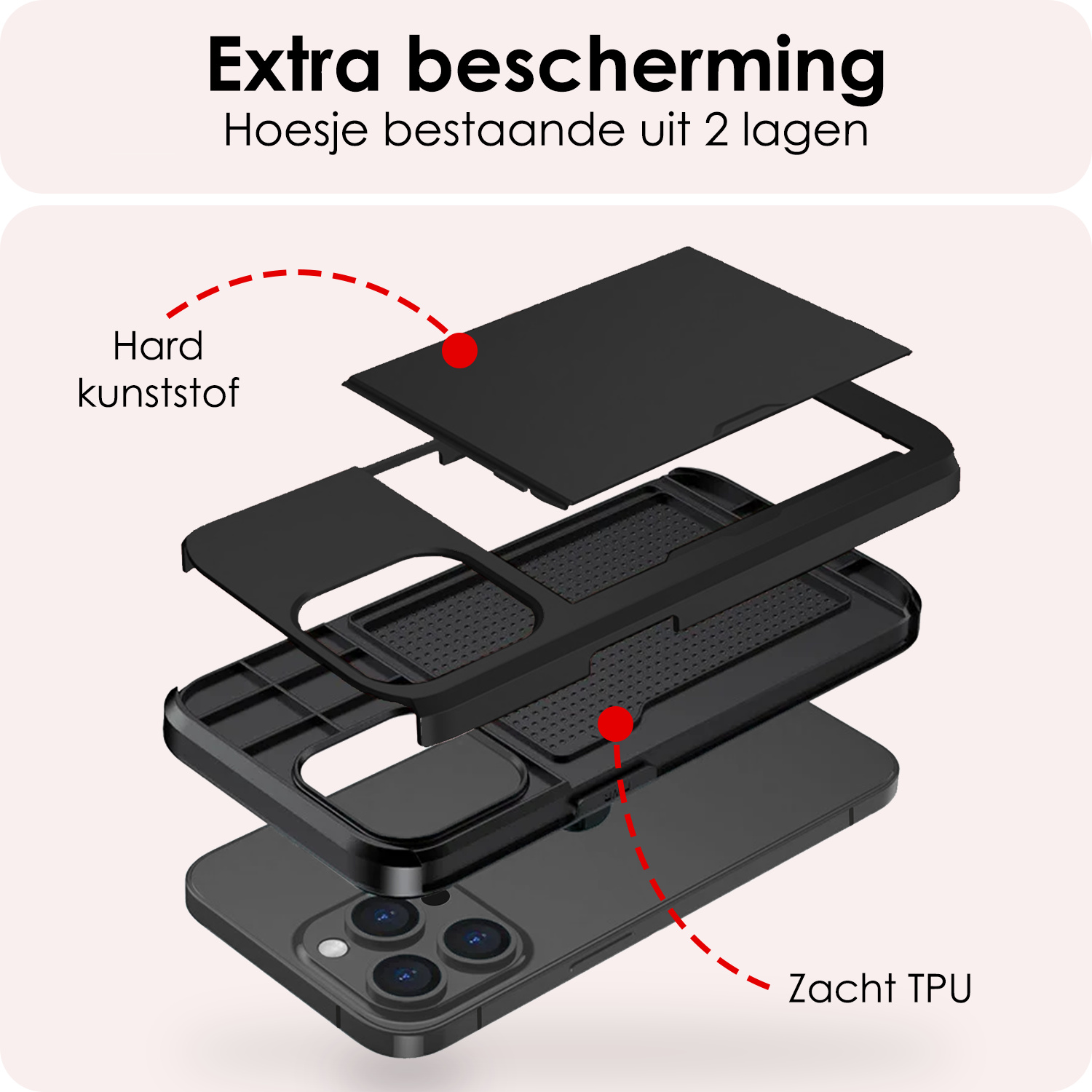 NoXx Hoes Geschikt voor iPhone 15 Pro Hoesje Pasjeshouder Hard Cover Met Screenprotector Shock Proof Hard Case Hoes Met Kaarthouder - Zwart