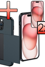 NoXx Hoes Geschikt voor iPhone 15 Pro Hoesje Pasjeshouder Hard Cover Met 2x Screenprotector Shock Proof Hard Case Hoes Met Kaarthouder - Donker Blauw