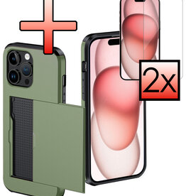 NoXx NoXx iPhone 15 Pro Hoesje Pashouder Hard Met 2x Screenprotector - Donker Groen