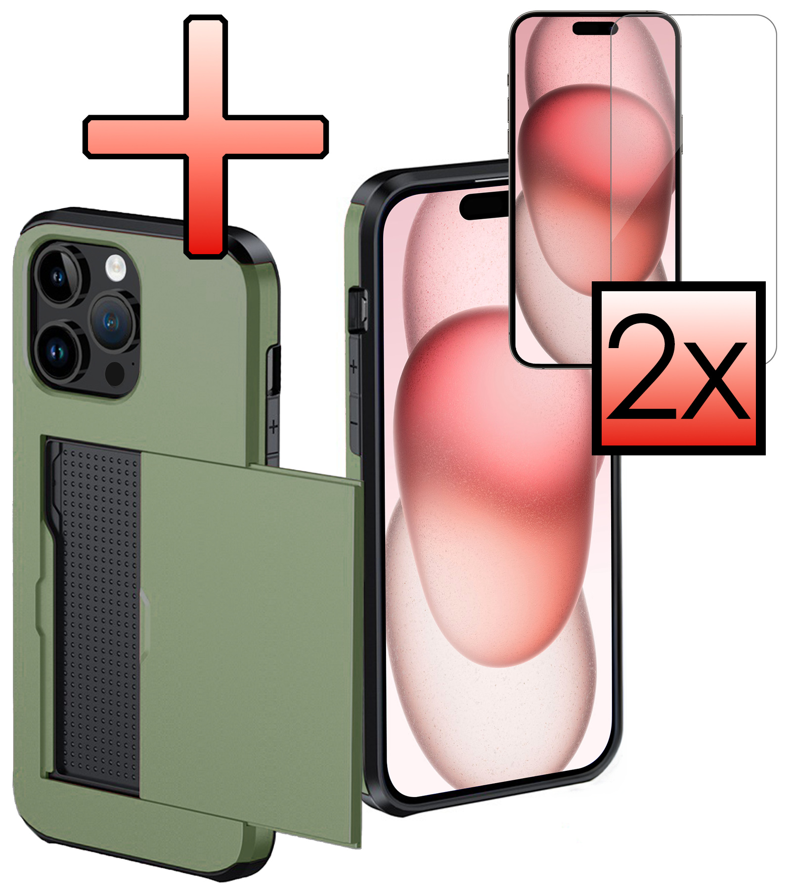 NoXx Hoes Geschikt voor iPhone 15 Pro Hoesje Pasjeshouder Hard Cover Met 2x Screenprotector Shock Proof Hard Case Hoes Met Kaarthouder - Donker Groen