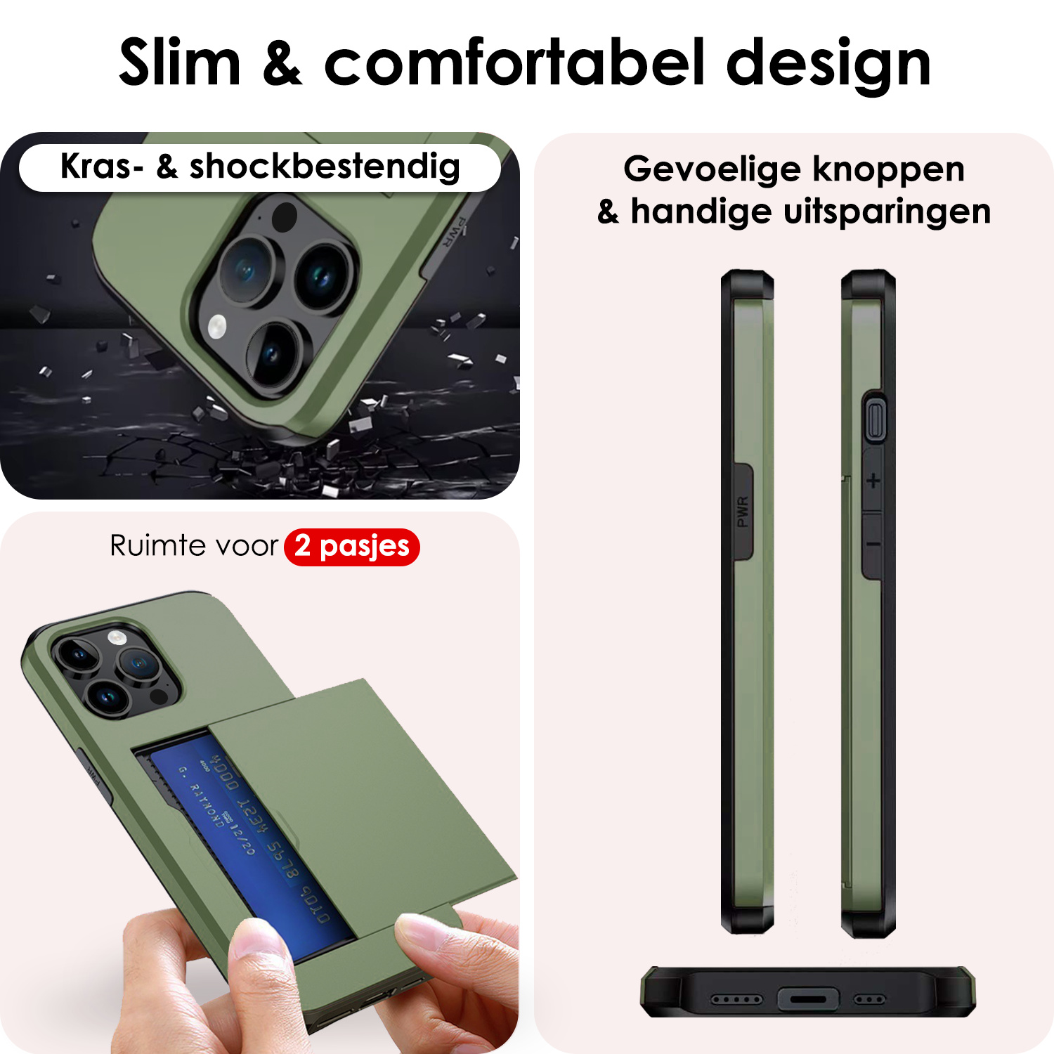 NoXx Hoes Geschikt voor iPhone 15 Pro Hoesje Pasjeshouder Hard Cover Met 2x Screenprotector Shock Proof Hard Case Hoes Met Kaarthouder - Donker Groen