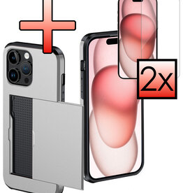 NoXx NoXx iPhone 15 Pro Hoesje Pashouder Hard Met 2x Screenprotector - Grijs
