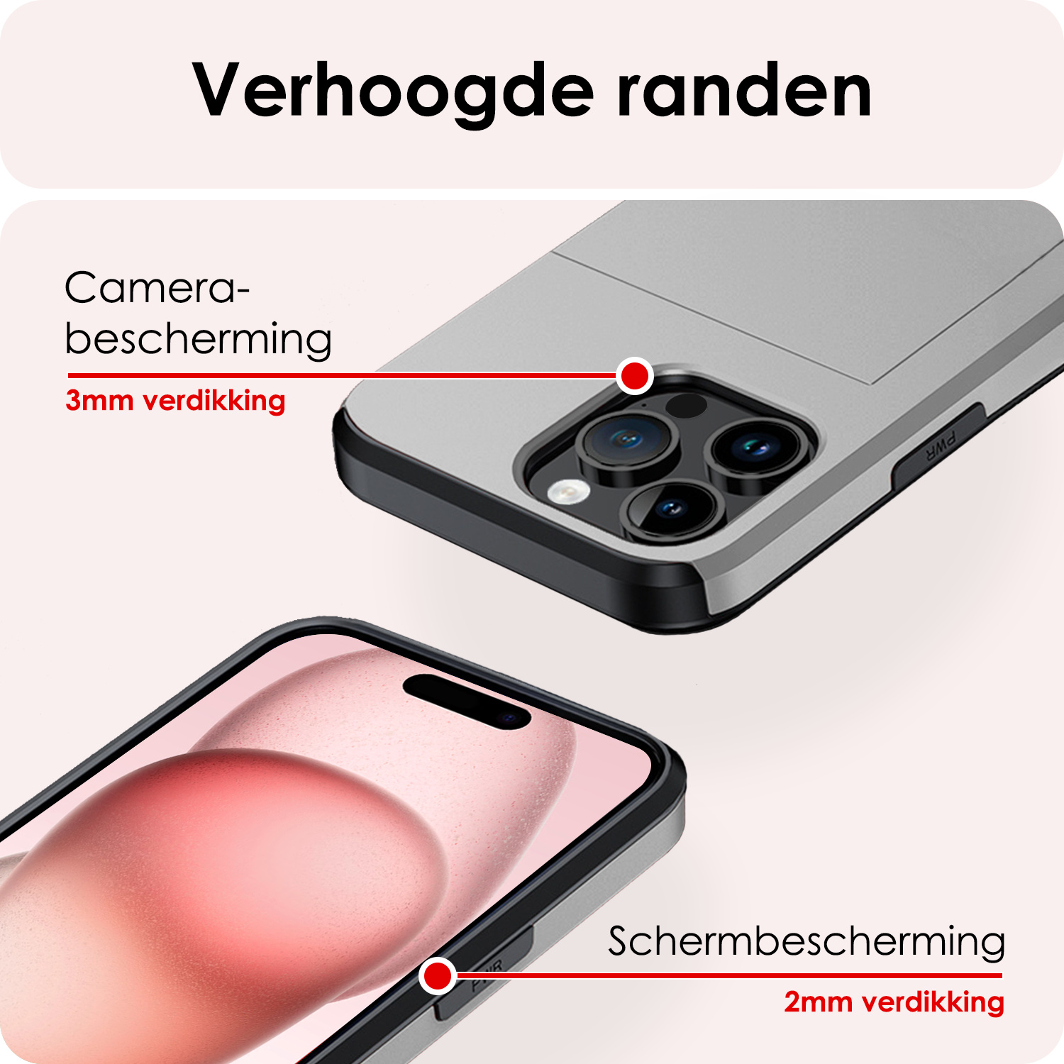 NoXx Hoes Geschikt voor iPhone 15 Pro Hoesje Pasjeshouder Hard Cover Met 2x Screenprotector Shock Proof Hard Case Hoes Met Kaarthouder - Grijs