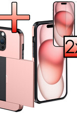 NoXx Hoes Geschikt voor iPhone 15 Pro Hoesje Pasjeshouder Hard Cover Met 2x Screenprotector Shock Proof Hard Case Hoes Met Kaarthouder - Rosé Goud