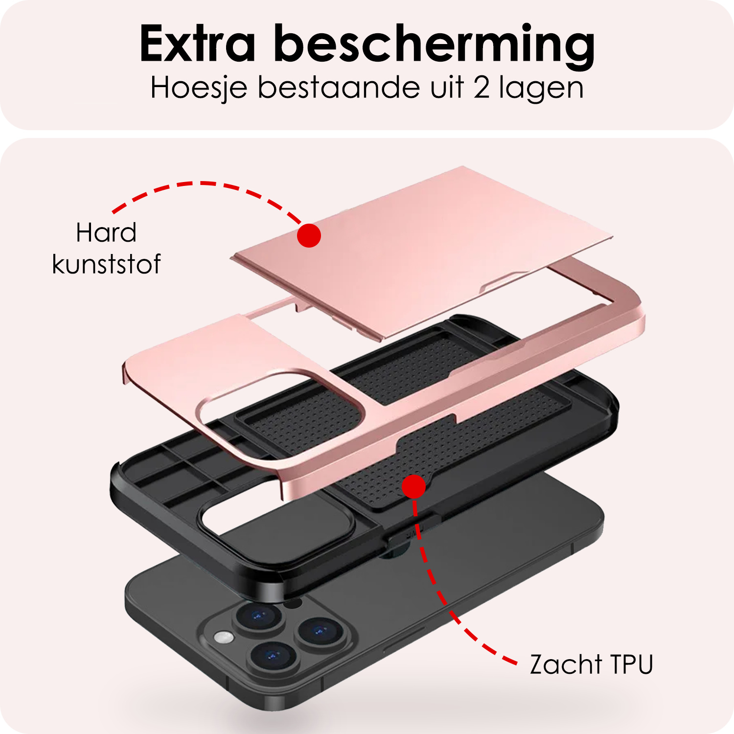 NoXx Hoes Geschikt voor iPhone 15 Pro Hoesje Pasjeshouder Hard Cover Met 2x Screenprotector Shock Proof Hard Case Hoes Met Kaarthouder - Rosé Goud