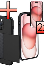 NoXx Hoes Geschikt voor iPhone 15 Pro Hoesje Pasjeshouder Hard Cover Met 2x Screenprotector Shock Proof Hard Case Hoes Met Kaarthouder - Zwart