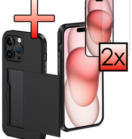 NoXx NoXx iPhone 15 Pro Hoesje Pashouder Hard Met 2x Screenprotector - Zwart
