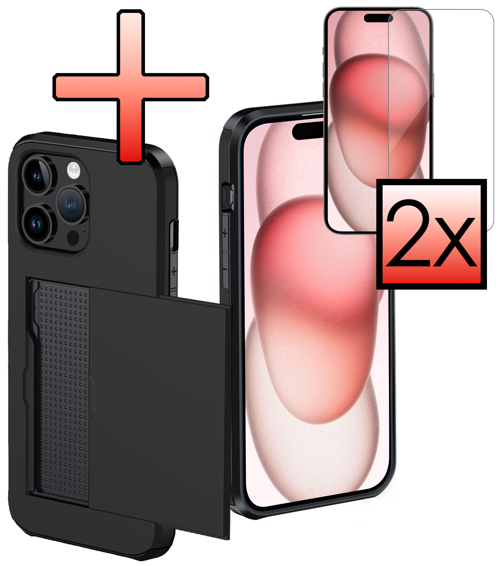 NoXx Hoes Geschikt voor iPhone 15 Pro Hoesje Pasjeshouder Hard Cover Met 2x Screenprotector Shock Proof Hard Case Hoes Met Kaarthouder - Zwart