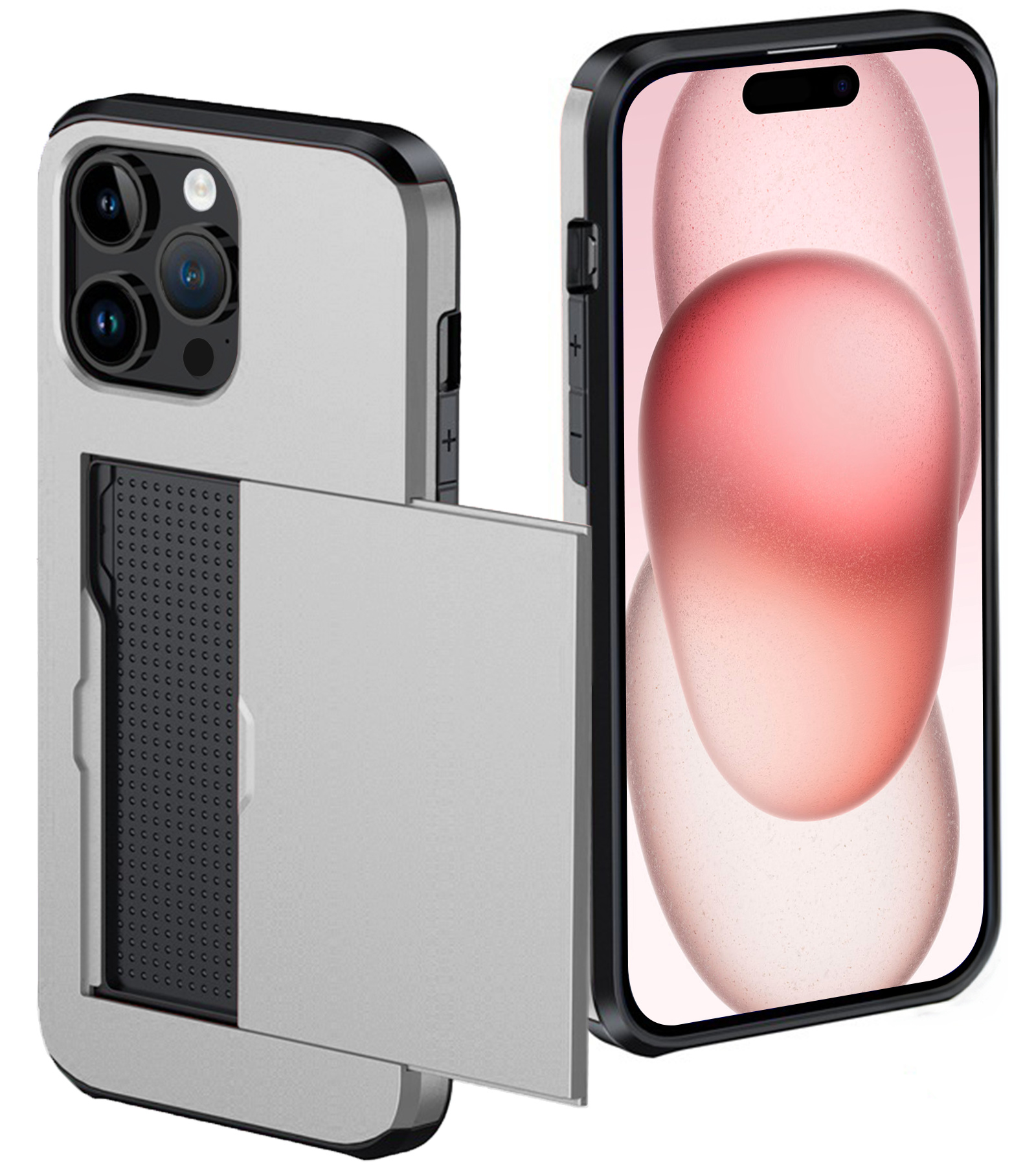 NoXx Hoes Geschikt voor iPhone 15 Pro Max Hoesje Pasjeshouder Hard Cover Shock Proof Hard Case Hoes Met Kaarthouder - Grijs